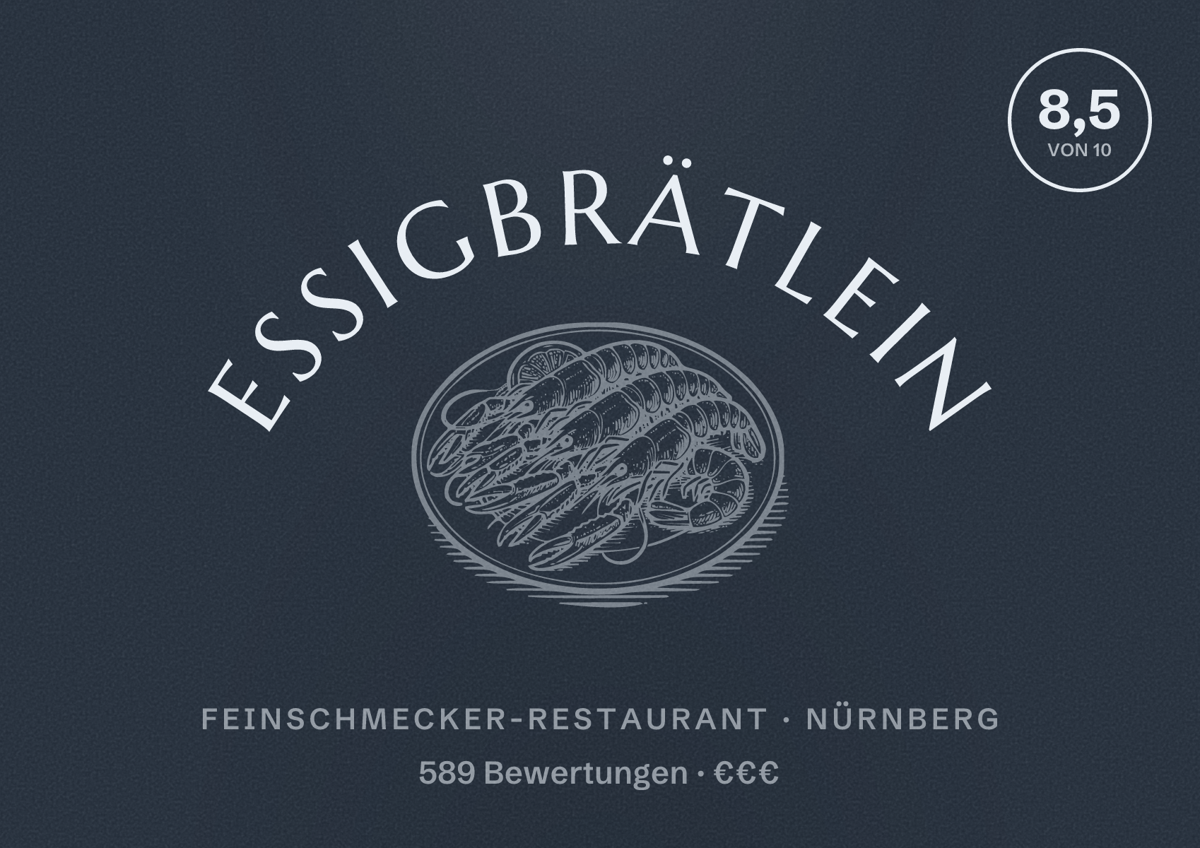 Illustriertes Poster von Essigbrätlein, Feinschmecker-Restaurant in Nürnberg: Bewertung 8,5 von 10 aus 589 Bewertungen, Preisniveau €€€