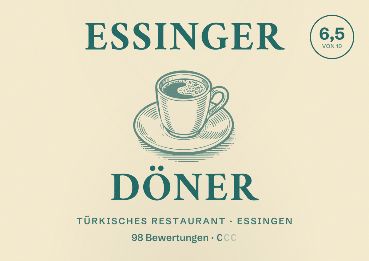 Illustriertes Poster von Essinger Döner, Türkisches Restaurant in Essingen: Bewertung 6,5 von 10 aus 98 Bewertungen, Preisniveau €