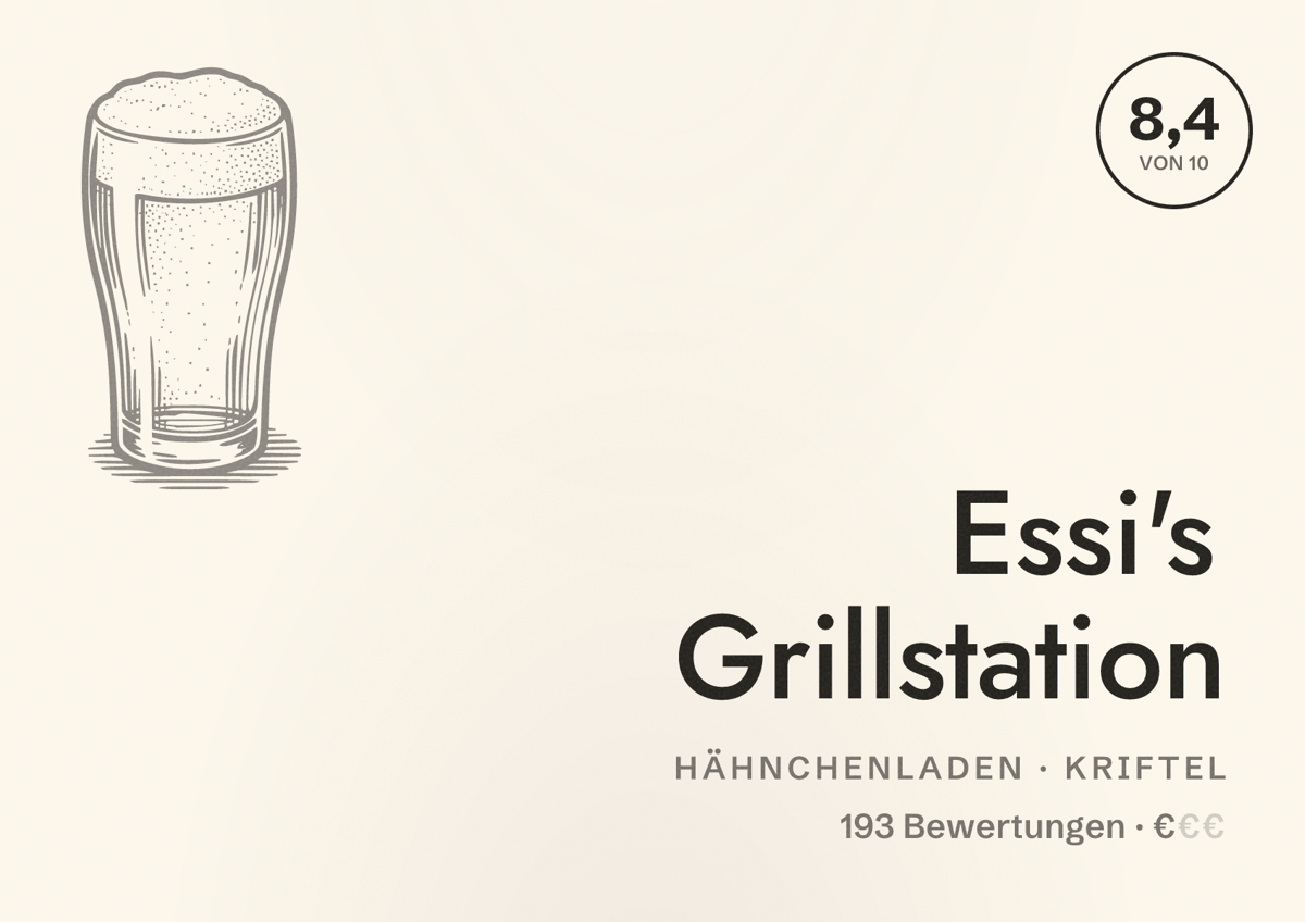 Illustriertes Poster von Essi's Grillstation, Hähnchenladen in Kriftel: Bewertung 8,4 von 10 aus 193 Bewertungen, Preisniveau €