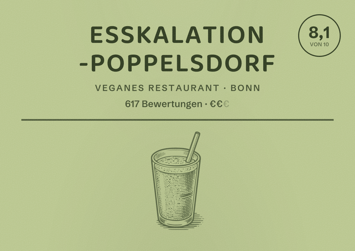 Illustriertes Poster von ESSKALATION -Poppelsdorf, Veganes Restaurant in Bonn: Gästebewertung 8,1 von 10 aus 617 Bewertungen