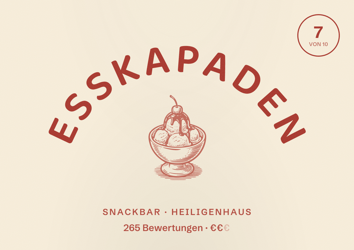 Illustriertes Poster von Esskapaden, Snackbar in Heiligenhaus: Bewertung 7 von 10 aus 265 Bewertungen, Preisniveau €€