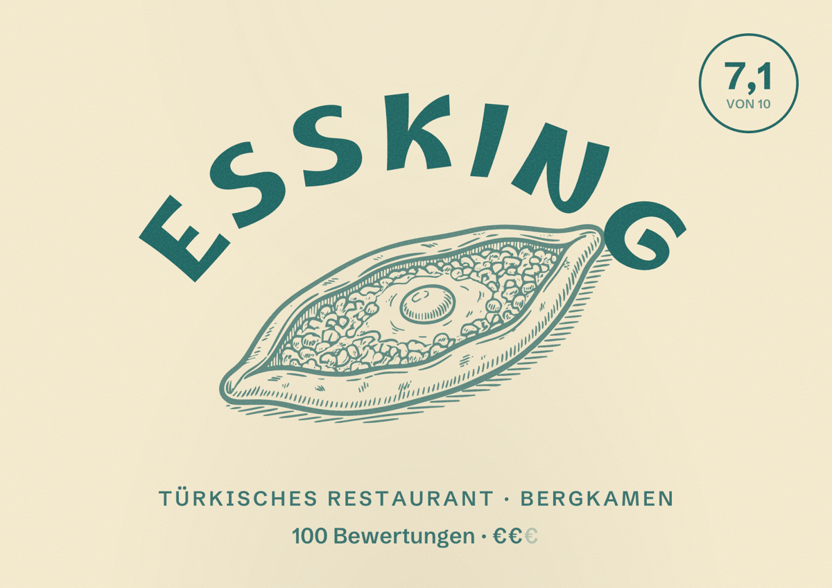 Illustriertes Poster von EssKing, Türkisches Restaurant in Bergkamen: Bewertung 7,1 von 10 aus 100 Bewertungen, Preisniveau €€