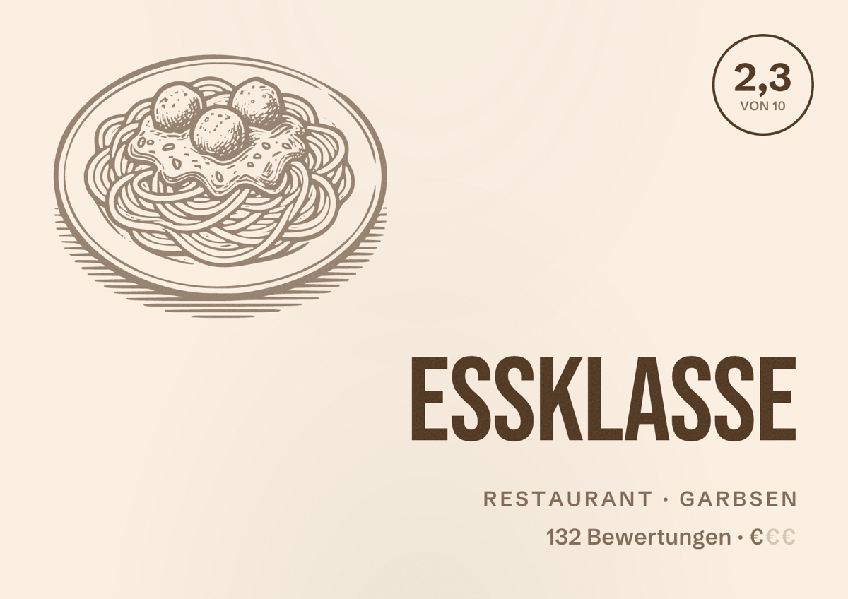 Illustriertes Poster von EssKlasse, Restaurant in Garbsen: Bewertung 2,3 von 10 aus 132 Bewertungen, Preisniveau €
