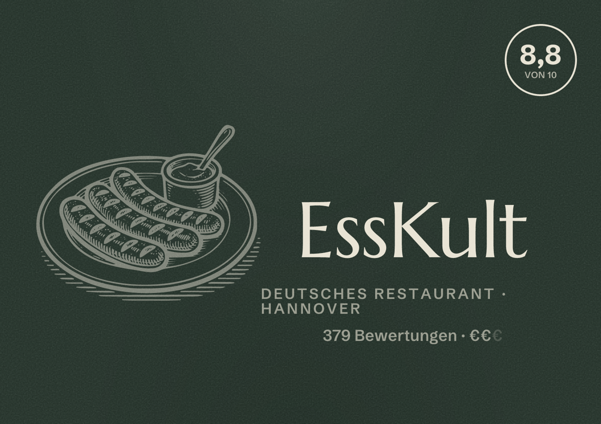 Illustriertes Poster von EssKult, Deutsches Restaurant in Hannover: Bewertung 8,8 von 10 aus 379 Bewertungen, Preisniveau €€