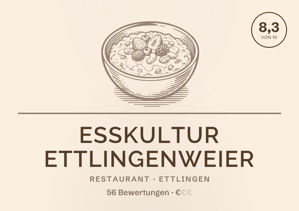 Illustriertes Poster von Esskultur Ettlingenweier, Restaurant in Ettlingen: Bewertung 8,3 von 10 aus 56 Bewertungen, Preisniveau €