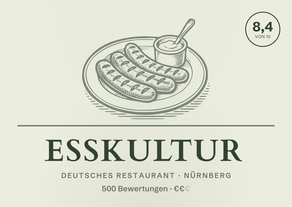 Illustriertes Poster von Esskultur, Deutsches Restaurant in Nürnberg: Bewertung 8,4 von 10 aus 500 Bewertungen, Preisniveau €€