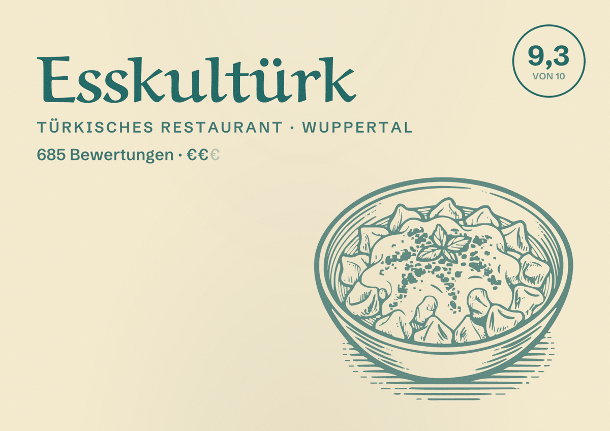 Illustriertes Poster von Esskultürk, Türkisches Restaurant in Wuppertal: Bewertung 9,3 von 10 aus 685 Bewertungen, Preisniveau €€