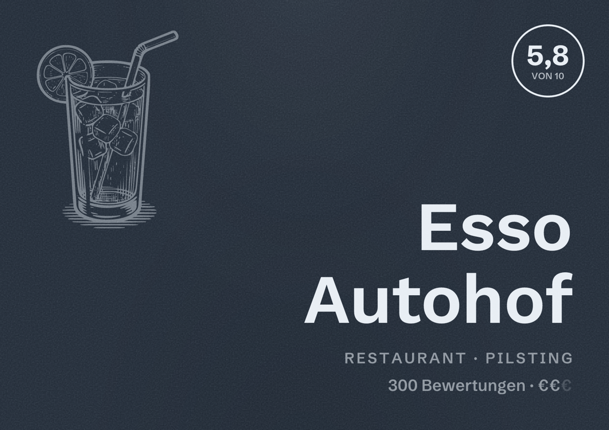 Illustriertes Poster von Esso Autohof, Restaurant in Pilsting: Bewertung 5,8 von 10 aus 300 Bewertungen, Preisniveau €€