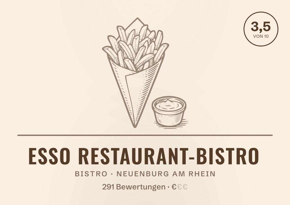 Illustriertes Poster von Esso Restaurant-Bistro, Bistro in Neuenburg am Rhein: Bewertung 3,5 von 10 aus 291 Bewertungen, Preisniveau €