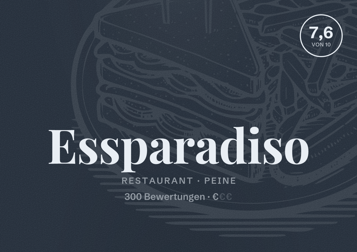 Illustriertes Poster von Essparadiso, Restaurant in Peine: Bewertung 7,6 von 10 aus 300 Bewertungen, Preisniveau €