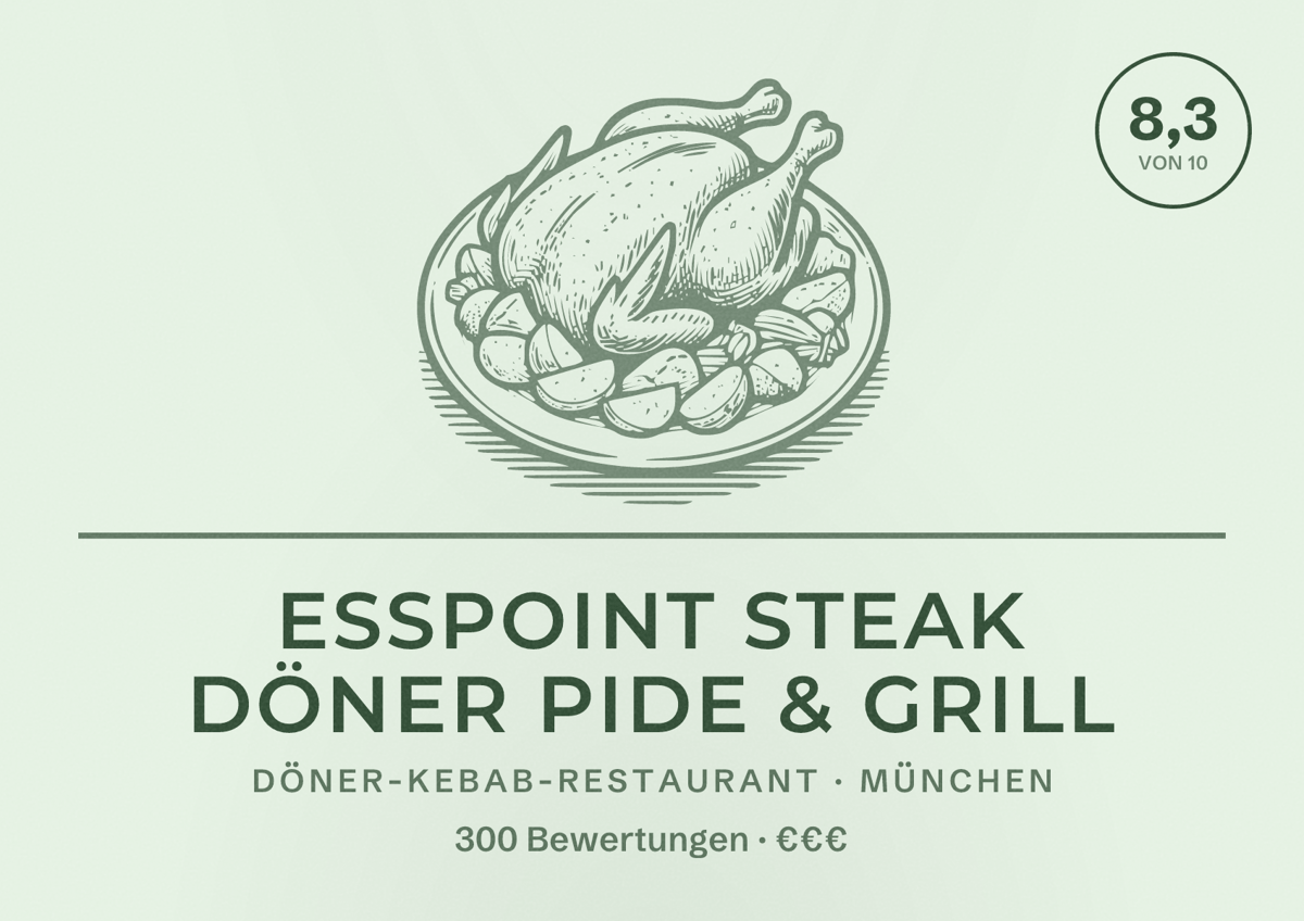 Illustriertes Poster von EssPoint Steak Döner Pide & Grill, Döner-Kebab-Restaurant in München: Bewertung 8,3 von 10 aus 300 Bewertungen, Preisniveau €€€