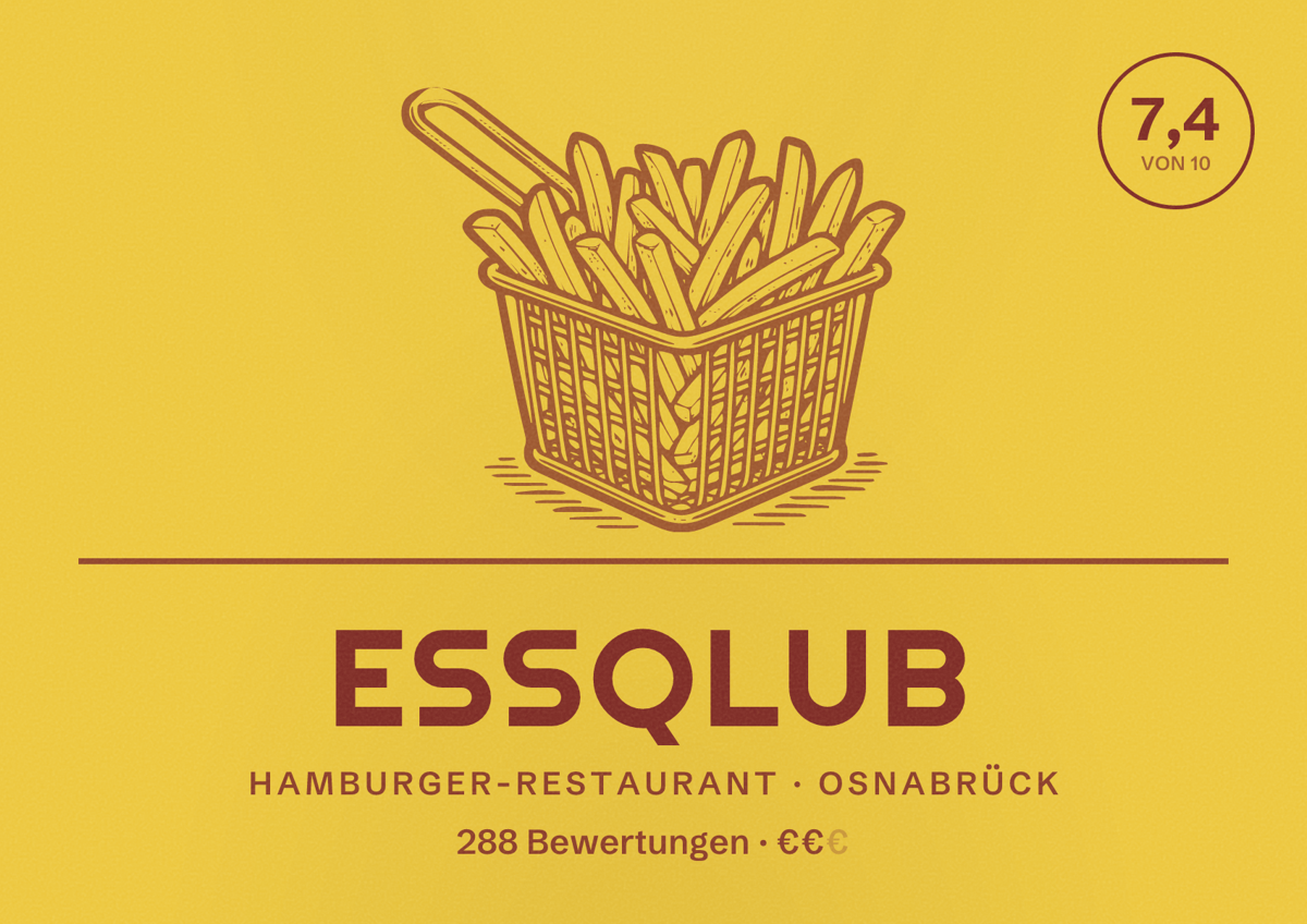 Illustriertes Poster von EssQlub, Hamburger-Restaurant in Osnabrück: Bewertung 7,4 von 10 aus 288 Bewertungen, Preisniveau €€