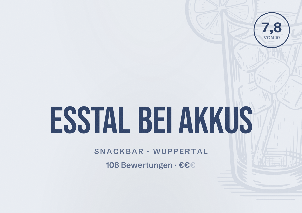 Illustriertes Poster von EssTal bei AKKUS, Snackbar in Wuppertal: Bewertung 7,8 von 10 aus 108 Bewertungen, Preisniveau €€