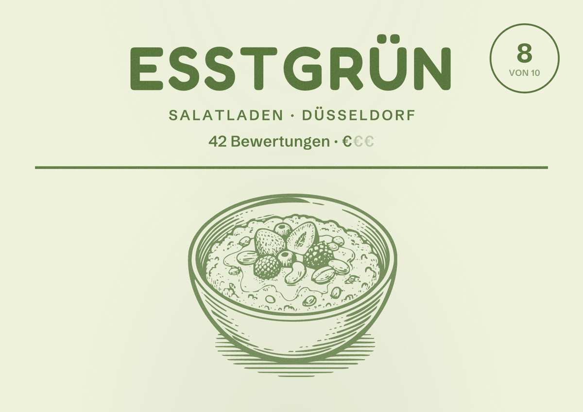Illustriertes Poster von esstgrün, Salatladen in Düsseldorf: Bewertung 8,0 von 10 aus 42 Bewertungen, Preisniveau €