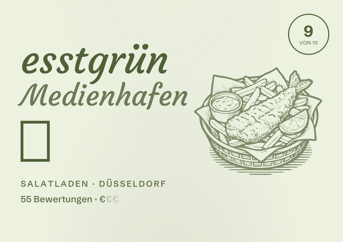 Illustriertes Poster von esstgrün Medienhafen 🥗, Salatladen in Düsseldorf: Bewertung 9 von 10 aus 55 Bewertungen, Preisniveau €