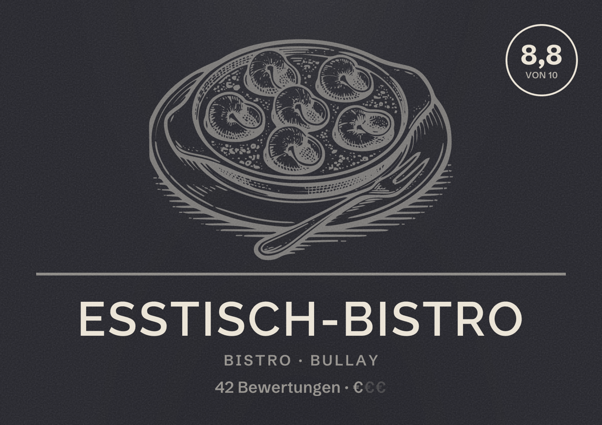 Illustriertes Poster von Esstisch-Bistro, Bistro in Bullay: Bewertung 8,8 von 10 aus 42 Bewertungen, Preisniveau €