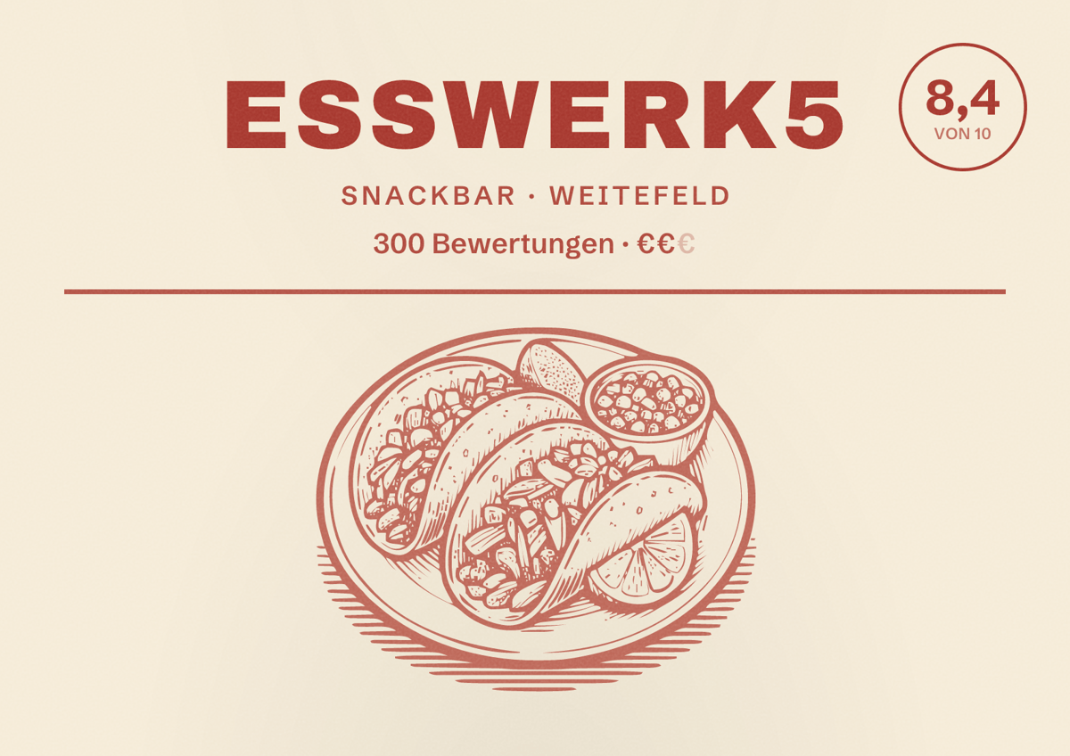 Illustriertes Poster von EssWerk5, Snackbar in Weitefeld: Bewertung 8,4 von 10 aus 300 Bewertungen, Preisniveau €€