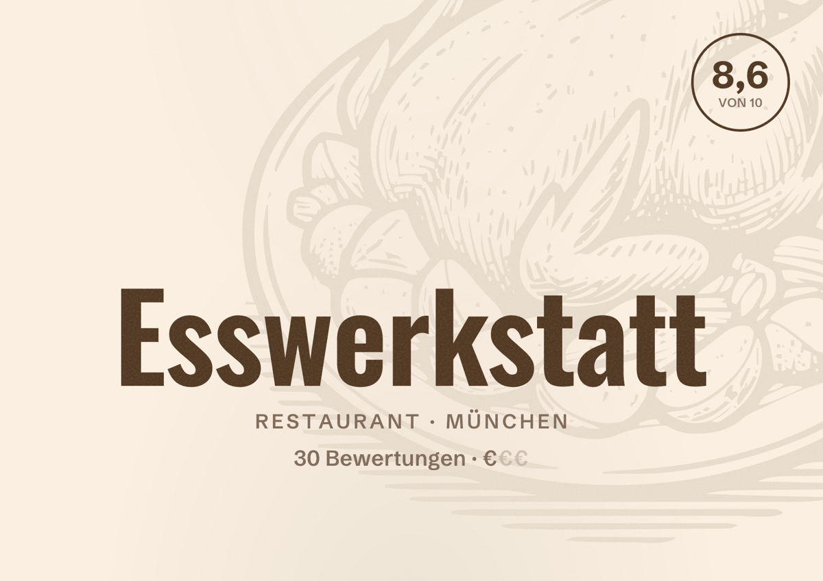 Illustriertes Poster von Esswerkstatt, Restaurant in München: Bewertung 8,6 von 10 aus 30 Bewertungen, Preisniveau €