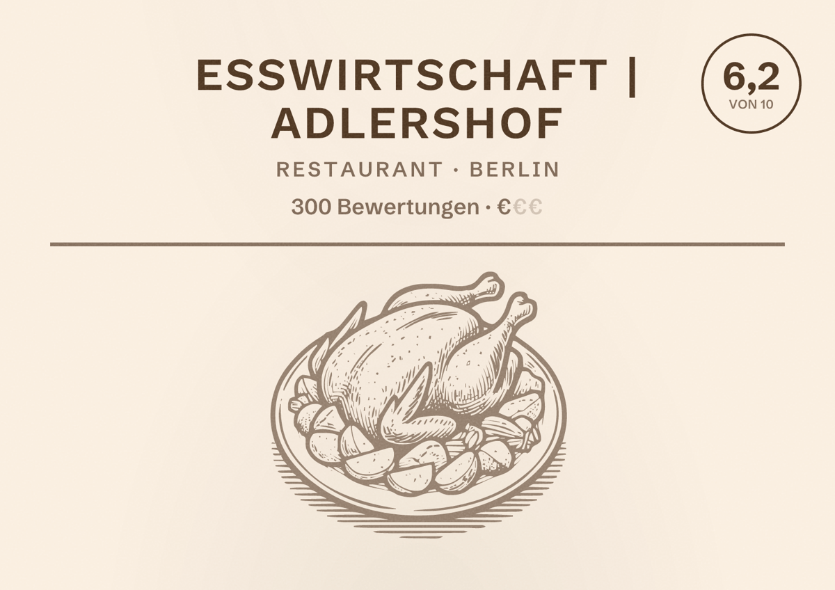 Illustriertes Poster von esswirtschaft | adlershof, Restaurant in Berlin: Bewertung 6,2 von 10 aus 300 Bewertungen, Preisniveau €