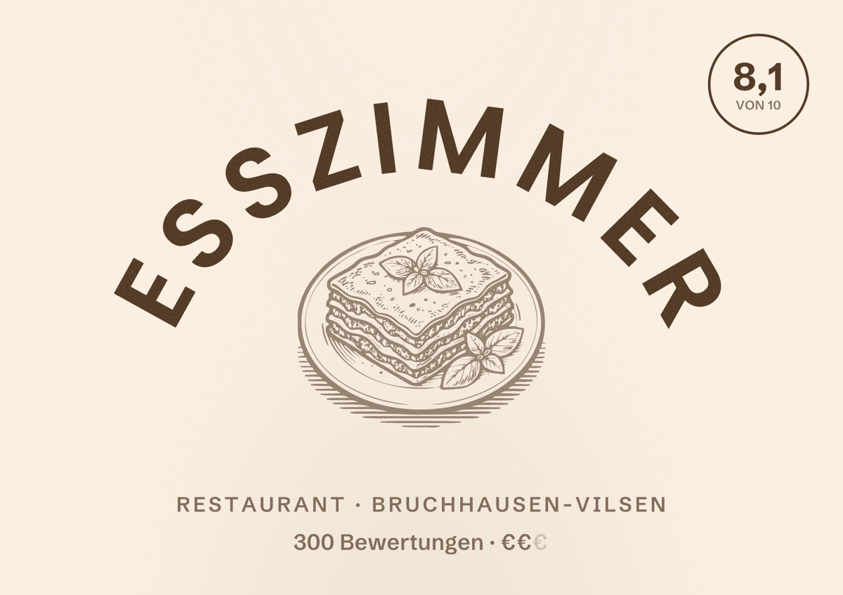 Illustriertes Poster von Esszimmer, Restaurant in Bruchhausen-Vilsen: Bewertung 8,1 von 10 aus 300 Bewertungen, Preisniveau €€