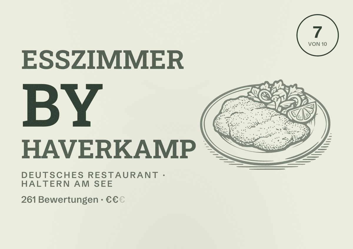 Illustriertes Poster von ESSzimmer by Haverkamp, Deutsches Restaurant in Haltern am See: Bewertung 7 von 10 aus 261 Bewertungen, Preisniveau €€