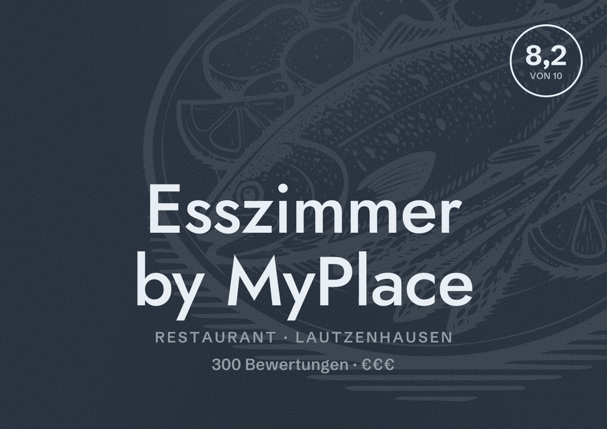 Illustriertes Poster von Esszimmer by MyPlace, Restaurant in Lautzenhausen: Bewertung 8,2 von 10 aus 300 Bewertungen, Preisniveau €€€