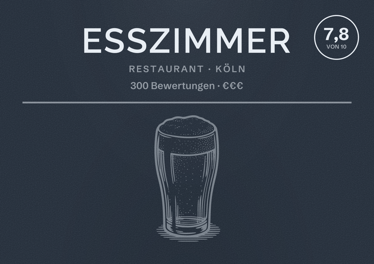 Illustriertes Poster von ESSZIMMER, Restaurant in Köln: Bewertung 7,8 von 10 aus 300 Bewertungen, Preisniveau €€€
