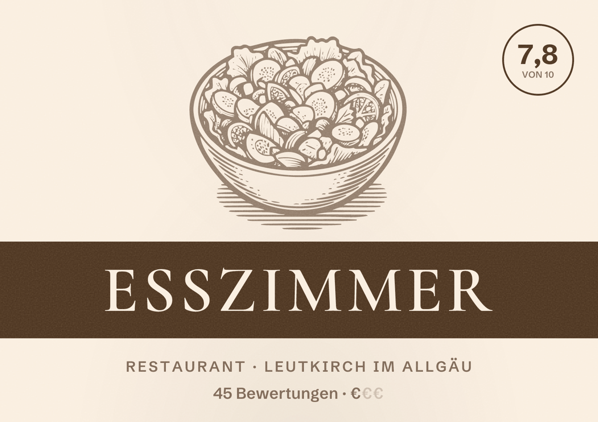 Illustriertes Poster von ESSZIMMER, Restaurant in Leutkirch im Allgäu: Bewertung 7,8 von 10 aus 45 Bewertungen, Preisniveau €