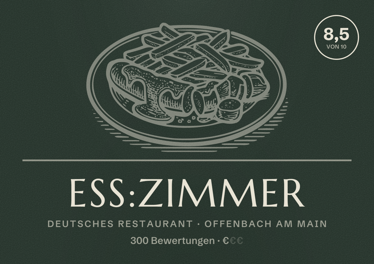 Illustriertes Poster von ess:zimmer, Deutsches Restaurant in Offenbach am Main: Bewertung 8,5 von 10 aus 300 Bewertungen, Preisniveau €
