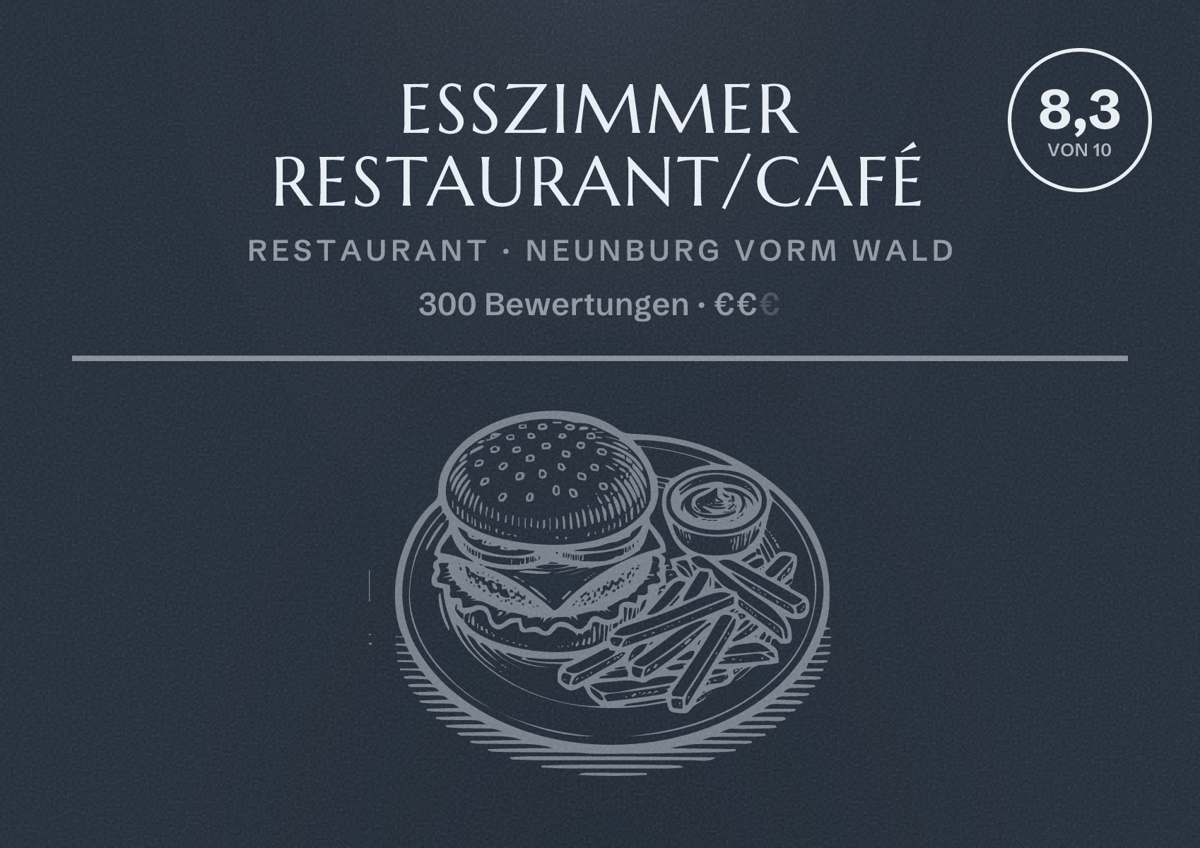 Illustriertes Poster von Esszimmer Restaurant/Café, Restaurant in Neunburg vorm Wald: Bewertung 8,3 von 10 aus 300 Bewertungen, Preisniveau €€