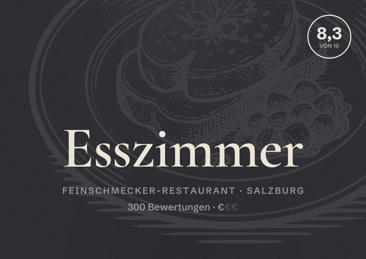 Illustriertes Poster von Esszimmer, Feinschmecker-Restaurant in Salzburg: Bewertung 8,3 von 10 aus 300 Bewertungen, Preisniveau €