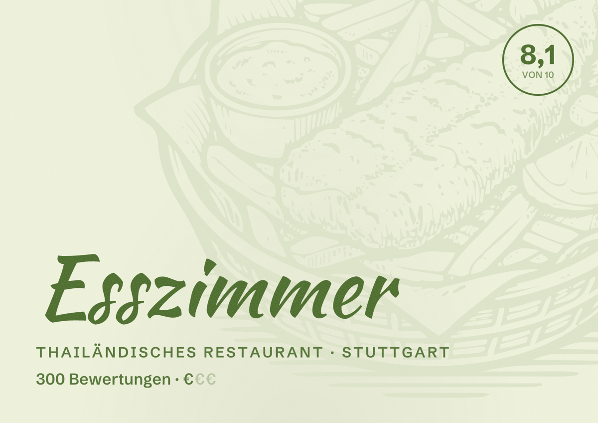 Illustriertes Poster von Esszimmer, Thailändisches Restaurant in Stuttgart: Bewertung 8,1 von 10 aus 300 Bewertungen, Preisniveau €