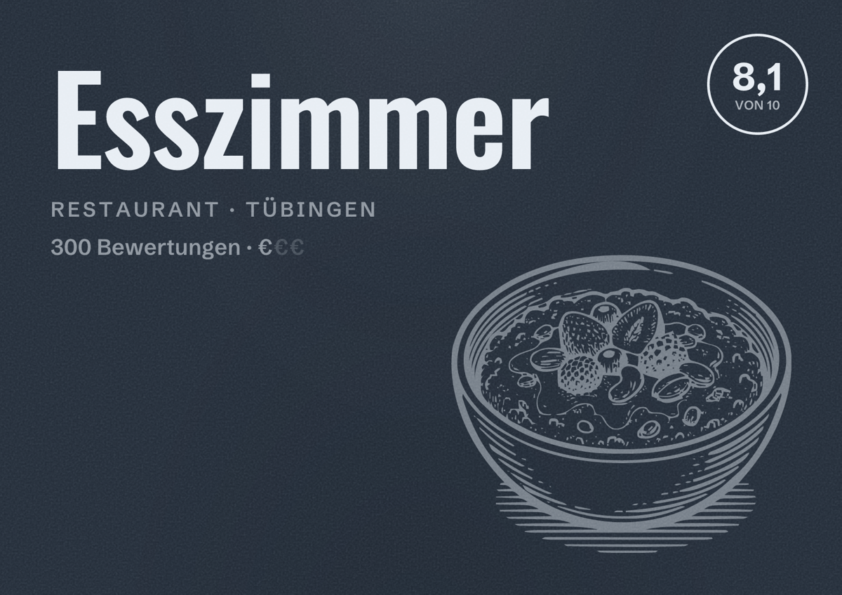 Illustriertes Poster von Esszimmer, Restaurant in Tübingen: Bewertung 8,1 von 10 aus 300 Bewertungen, Preisniveau €