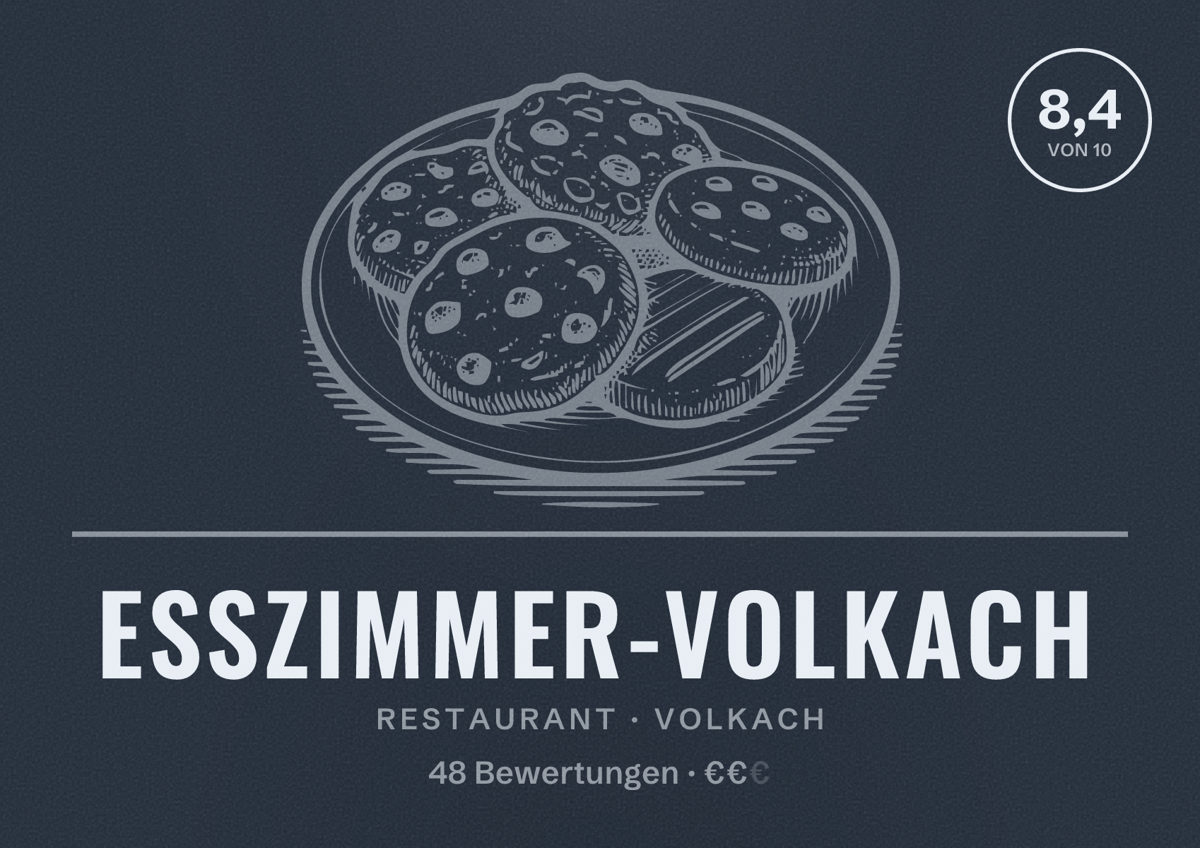 Illustriertes Poster von Esszimmer-Volkach, Restaurant in Volkach: Bewertung 8,4 von 10 aus 48 Bewertungen, Preisniveau €€