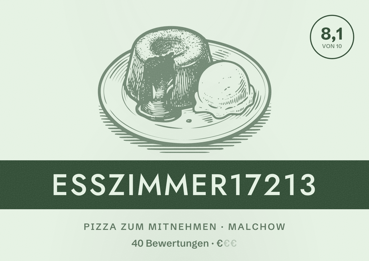 Illustriertes Poster von Esszimmer17213, Pizza zum Mitnehmen in Malchow: Bewertung 8,1 von 10 aus 40 Bewertungen, Preisniveau €