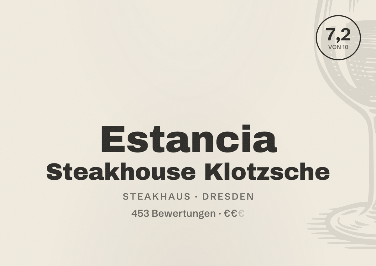 Illustriertes Poster von Estancia Steakhouse Klotzsche, Steakhaus in Dresden: Bewertung 7,2 von 10 aus 453 Bewertungen, Preisniveau €€