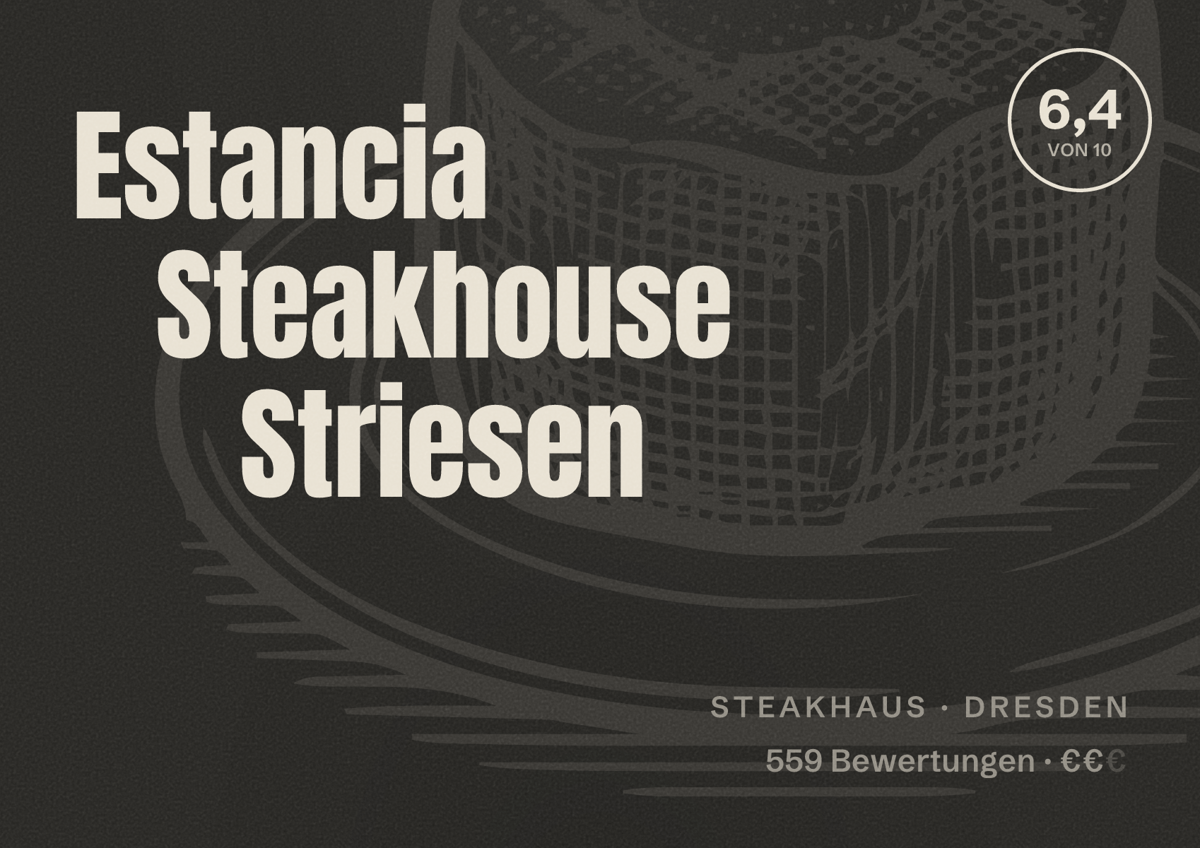 Illustriertes Poster von Estancia Steakhouse Striesen, Steakhaus in Dresden: Bewertung 6,4 von 10 aus 559 Bewertungen, Preisniveau €€