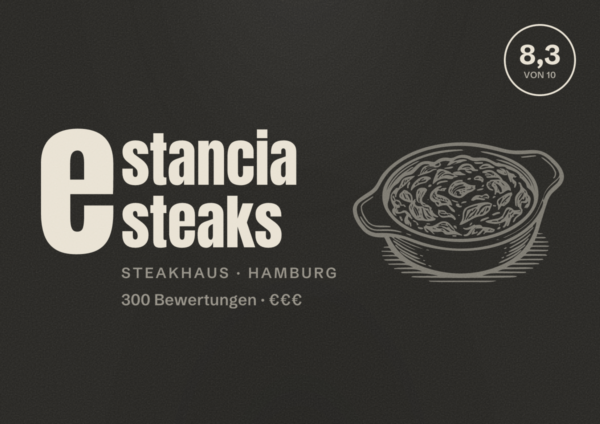 Illustriertes Poster von estancia steaks, Steakhaus in Hamburg: Bewertung 8,3 von 10 aus 300 Bewertungen, Preisniveau €€€