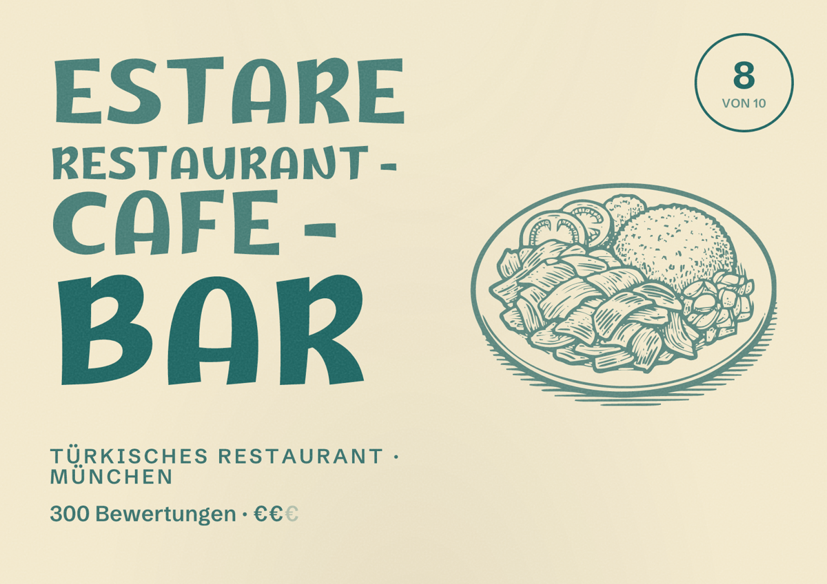 Illustriertes Poster von Estare Restaurant - Cafe - Bar, Türkisches Restaurant in München: Bewertung 8,0 von 10 aus 300 Bewertungen, Preisniveau €€