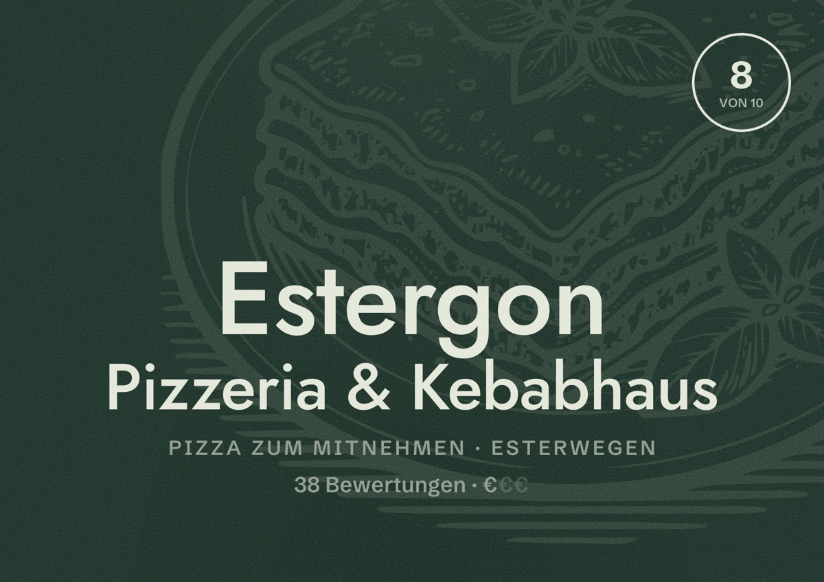 Illustriertes Poster von Estergon Pizzeria & Kebabhaus, Pizza zum Mitnehmen in Esterwegen: Bewertung 8 von 10 aus 38 Bewertungen, Preisniveau €