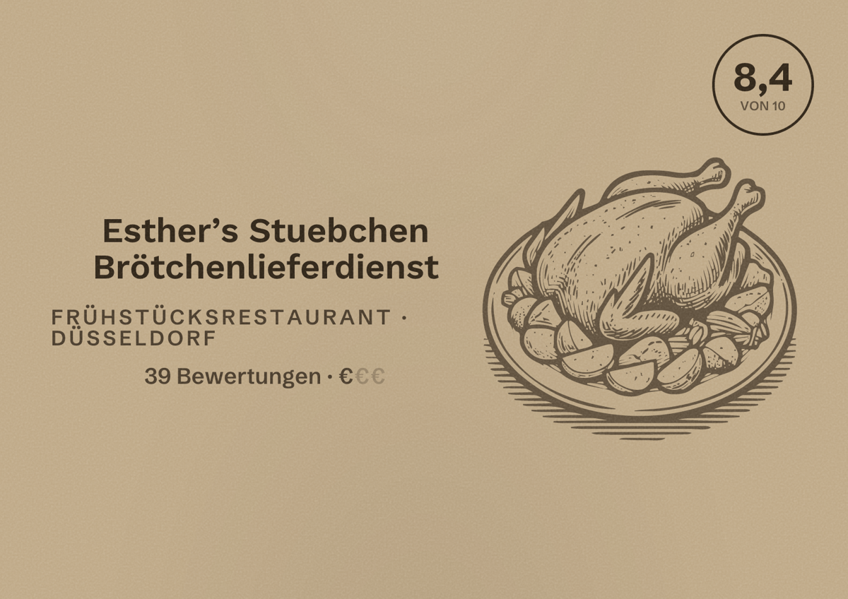 Illustriertes Poster von Esther’s Stuebchen Brötchenlieferdienst, Frühstücksrestaurant in Düsseldorf: Bewertung 8,4 von 10 aus 39 Bewertungen, Preisniveau €