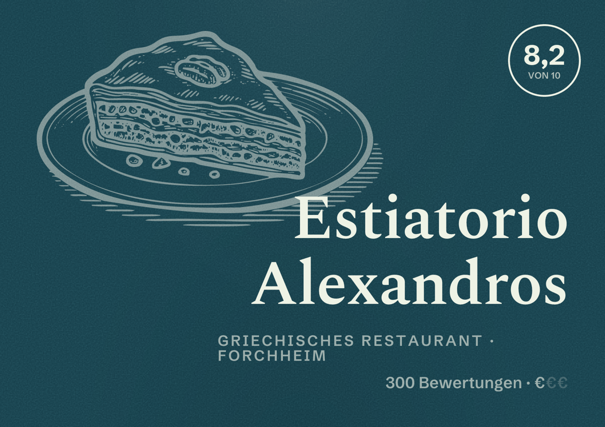 Illustriertes Poster von Estiatorio Alexandros, Griechisches Restaurant in Forchheim: Bewertung 8,2 von 10 aus 300 Bewertungen, Preisniveau €