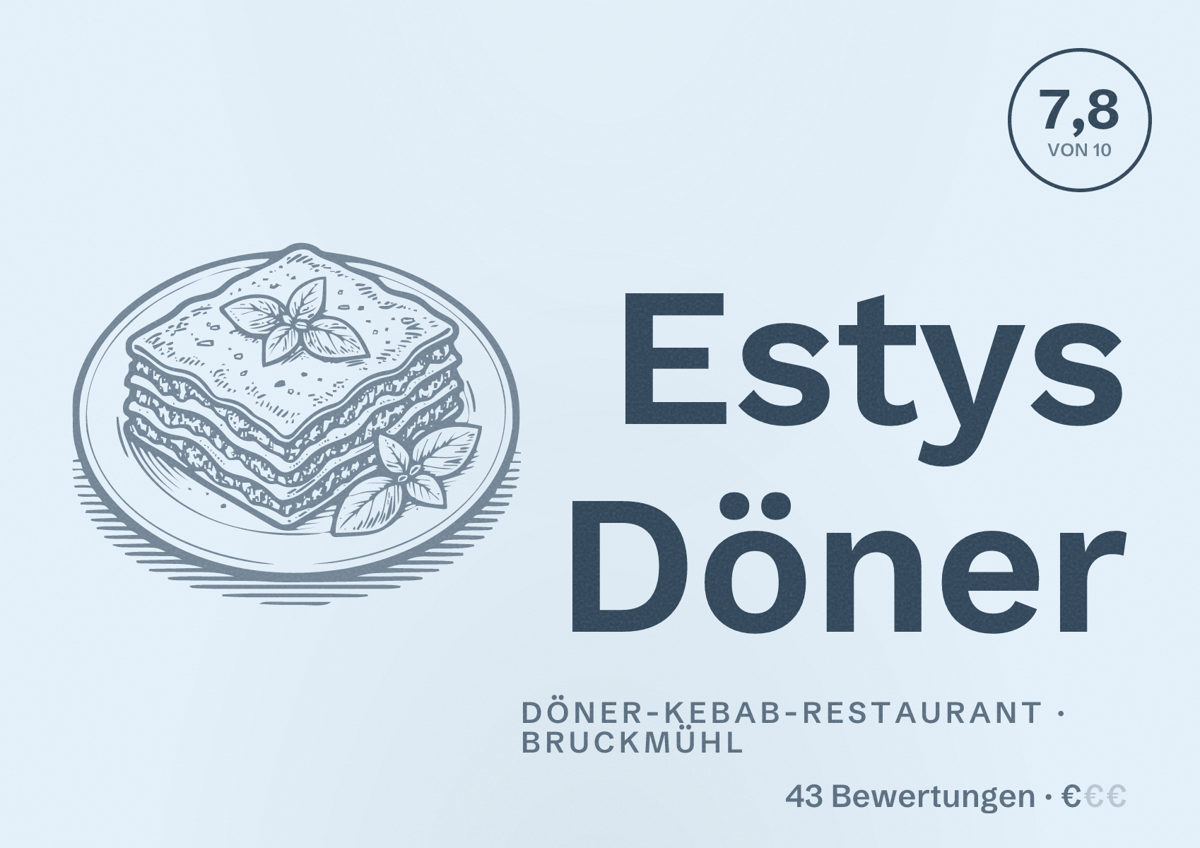 Illustriertes Poster von Estys Döner, Döner-Kebab-Restaurant in Bruckmühl: Bewertung 7,8 von 10 aus 43 Bewertungen, Preisniveau €