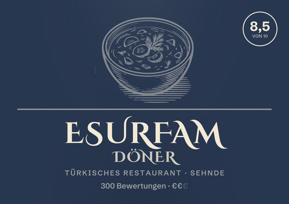 Illustriertes Poster von Esurfam Döner, Türkisches Restaurant in Sehnde: Bewertung 8,5 von 10 aus 300 Bewertungen, Preisniveau €€