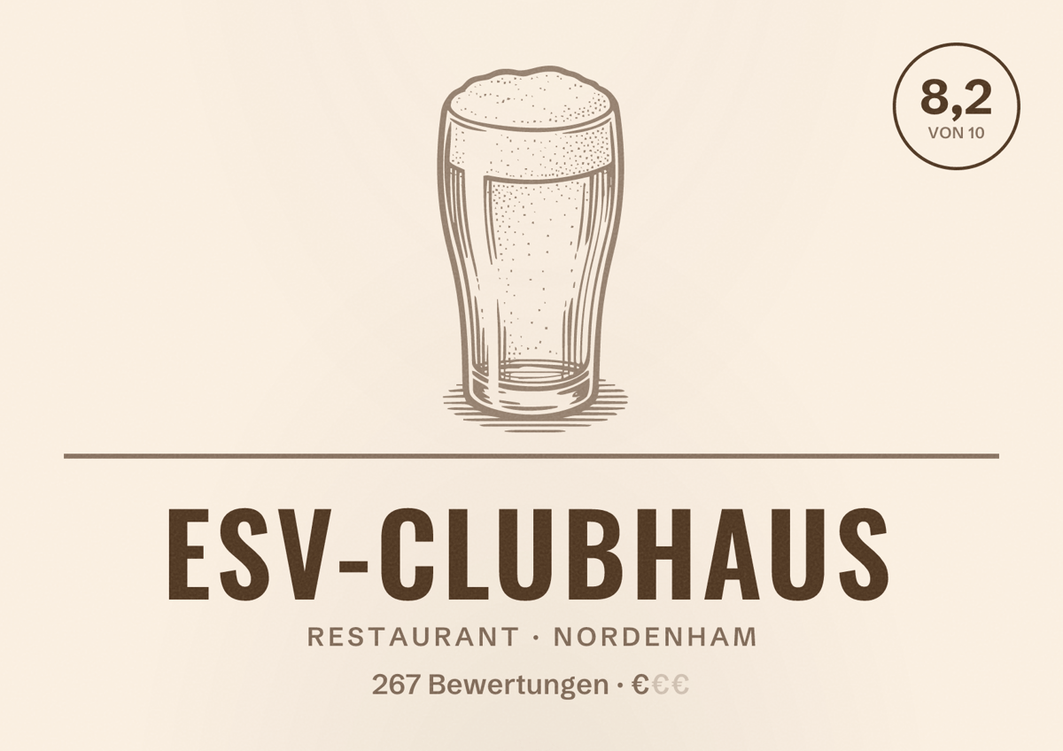 Illustriertes Poster von ESV-Clubhaus, Restaurant in Nordenham: Bewertung 8,2 von 10 aus 267 Bewertungen, Preisniveau €