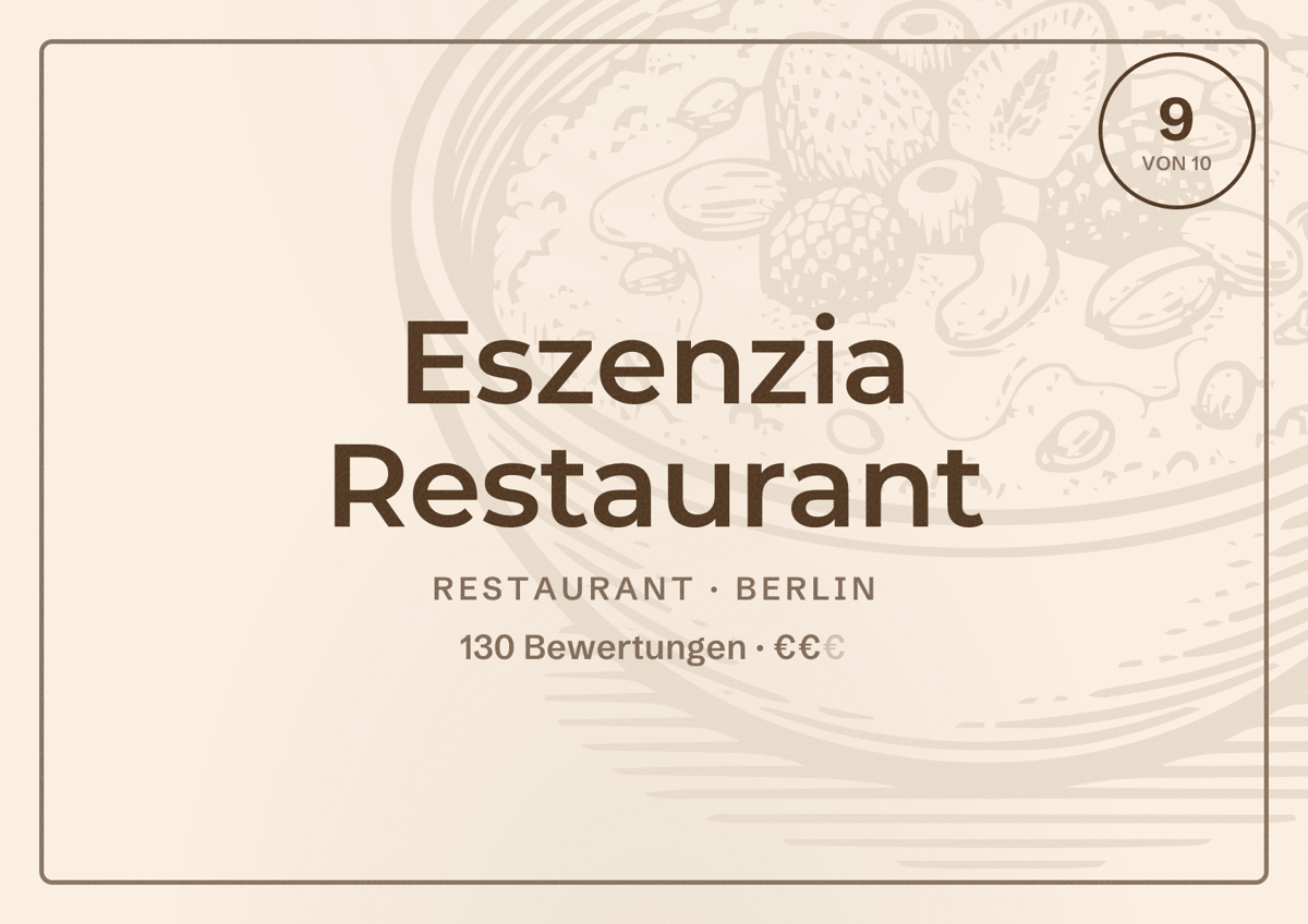 Illustriertes Poster von Eszenzia Restaurant, Restaurant in Berlin: Bewertung 9,0 von 10 aus 130 Bewertungen, Preisniveau €€