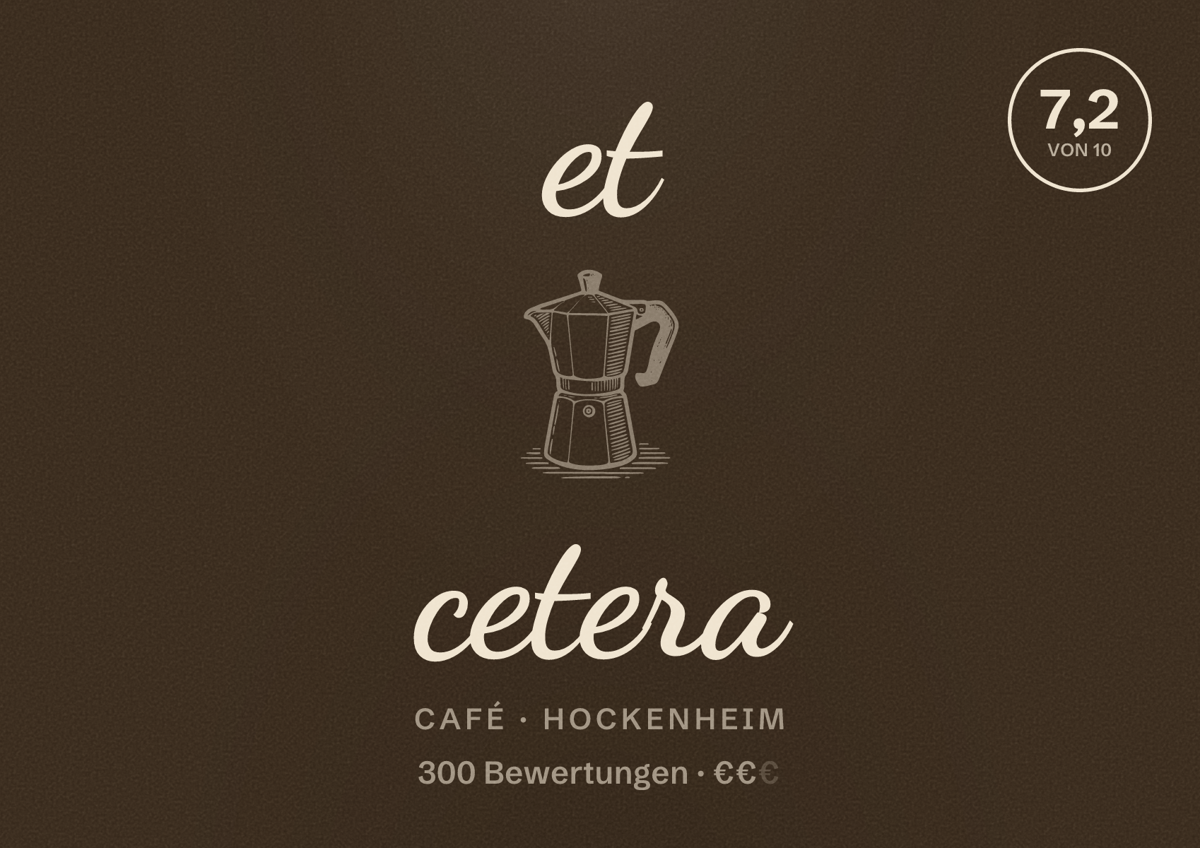 Illustriertes Poster von et cetera, Café in Hockenheim: Bewertung 7,2 von 10 aus 300 Bewertungen, Preisniveau €€