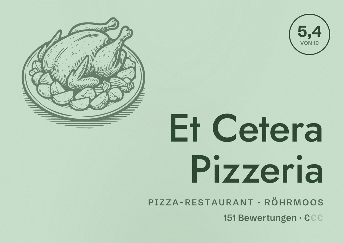 Illustriertes Poster von Et Cetera Pizzeria, Pizza-Restaurant in Röhrmoos: Bewertung 5,4 von 10 aus 151 Bewertungen, Preisniveau €