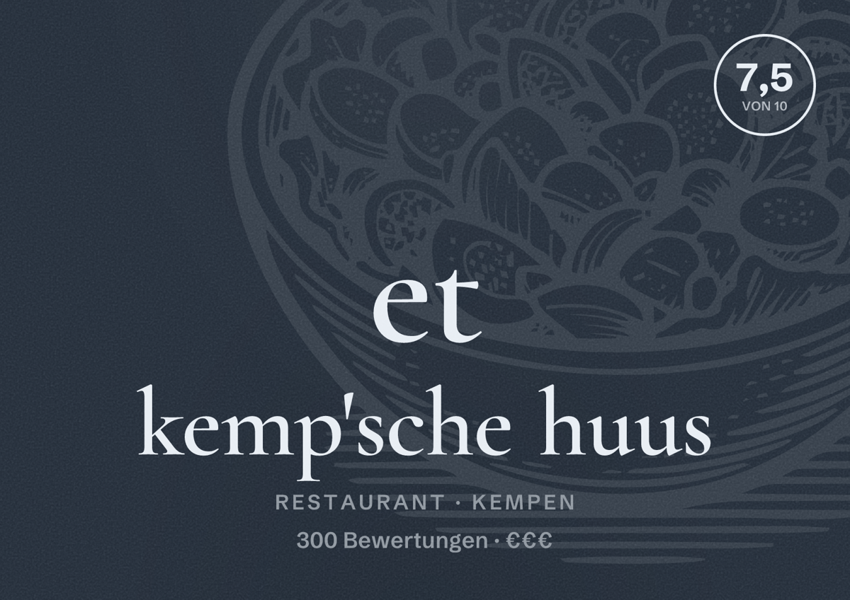 Illustriertes Poster von et kemp'sche huus, Restaurant in Kempen: Bewertung 7,5 von 10 aus 300 Bewertungen, Preisniveau €€€