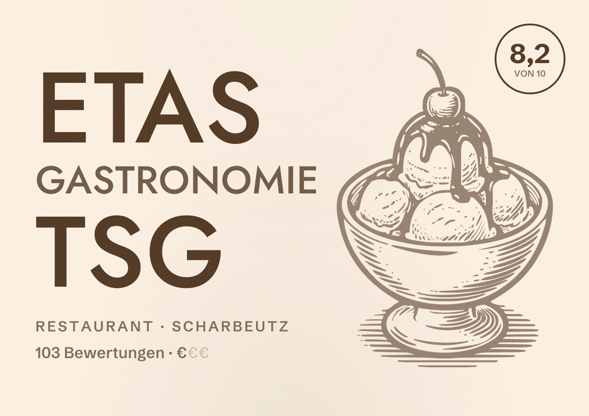 Illustriertes Poster von Etas Gastronomie TSG, Restaurant in Scharbeutz: Bewertung 8,2 von 10 aus 103 Bewertungen, Preisniveau €